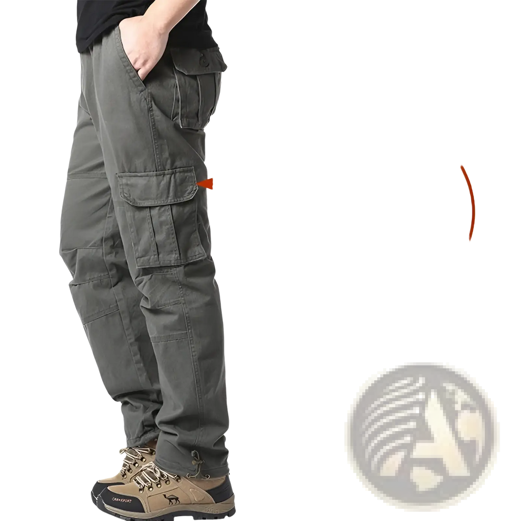 Men’s cotton dark olive cargo pants with multiple large utility pockets and reinforced durable fabric construction