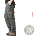 Men’s cotton dark olive cargo pants with multiple large utility pockets and reinforced durable fabric construction