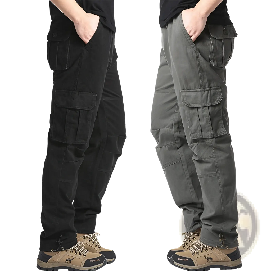 Men’s cotton multi-pocket cargo pants in black and olive green made of durable fabric with multiple pockets