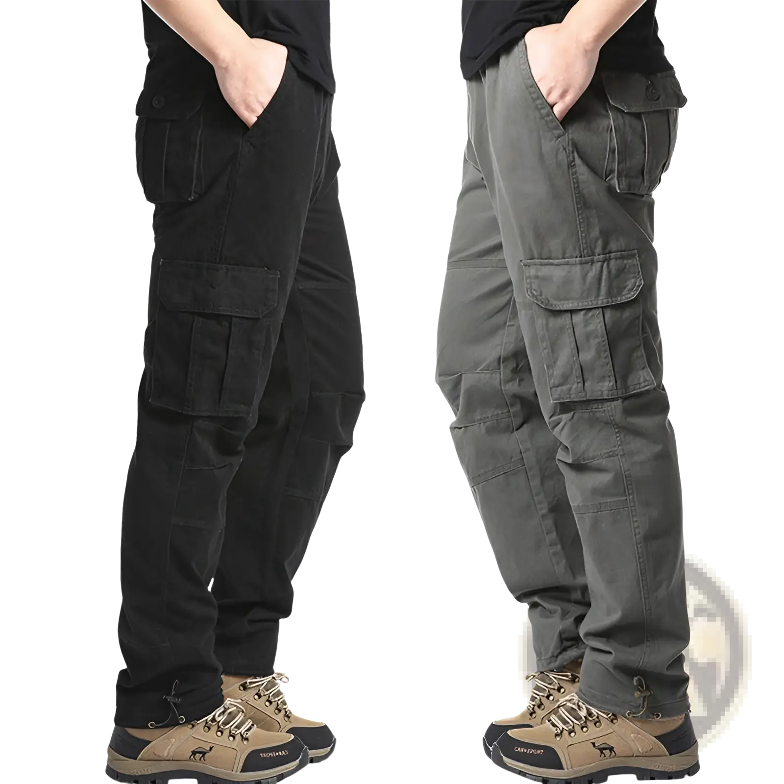 Men’s cotton multi-pocket cargo pants in black and olive green made of durable fabric with multiple pockets