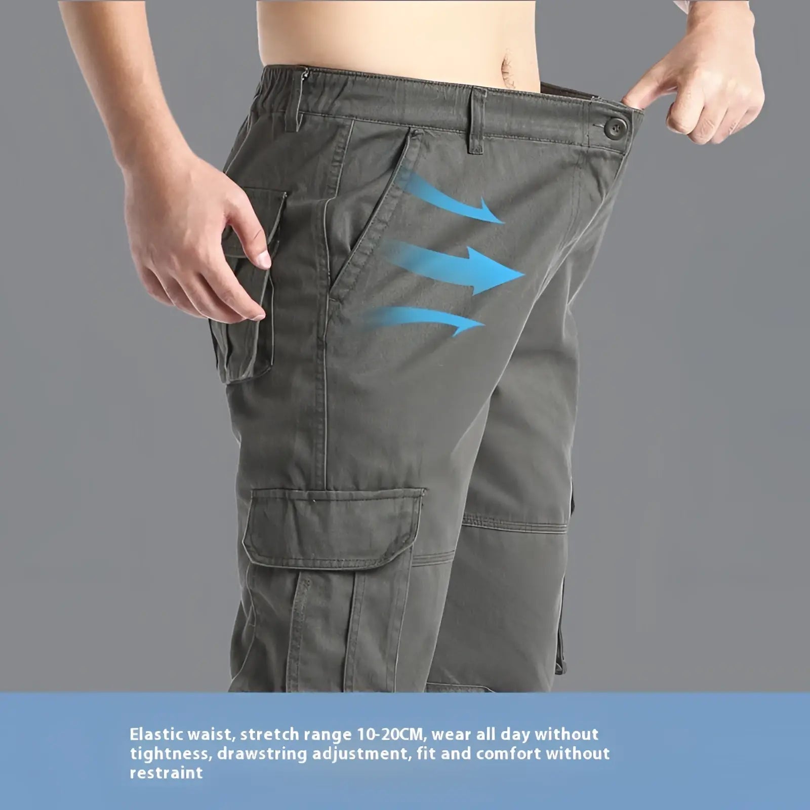 Men’s dark gray cotton cargo pants with multiple pockets and elastic waistband for versatile outdoor use