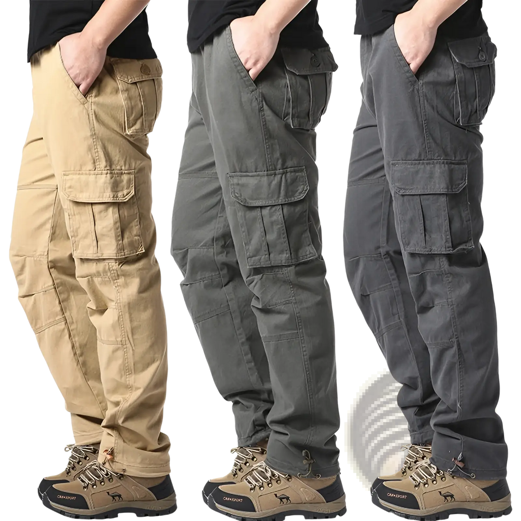Men’s cotton multi-pocket cargo pants in khaki olive green and dark gray with multiple pockets and reinforced stitching