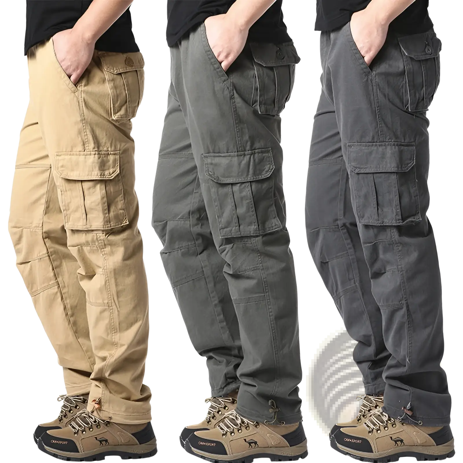 Men’s cotton multi-pocket cargo pants in khaki olive green and dark gray with multiple pockets and reinforced stitching