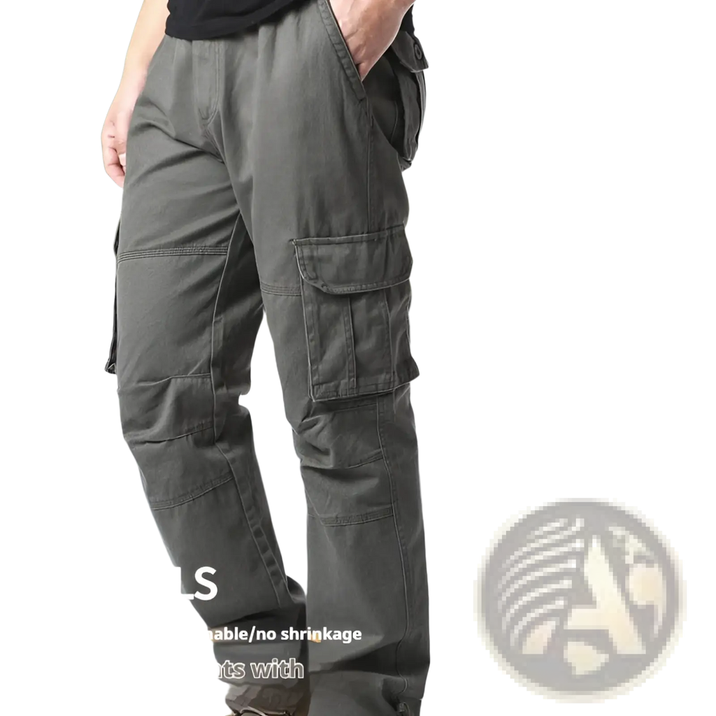 Men’s olive green cotton multi-pocket cargo pants with large functional pockets and straight loose fit