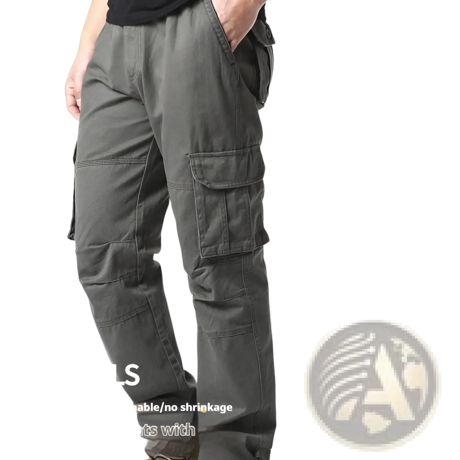 Men’s olive green cotton multi-pocket cargo pants with large functional pockets and straight loose fit