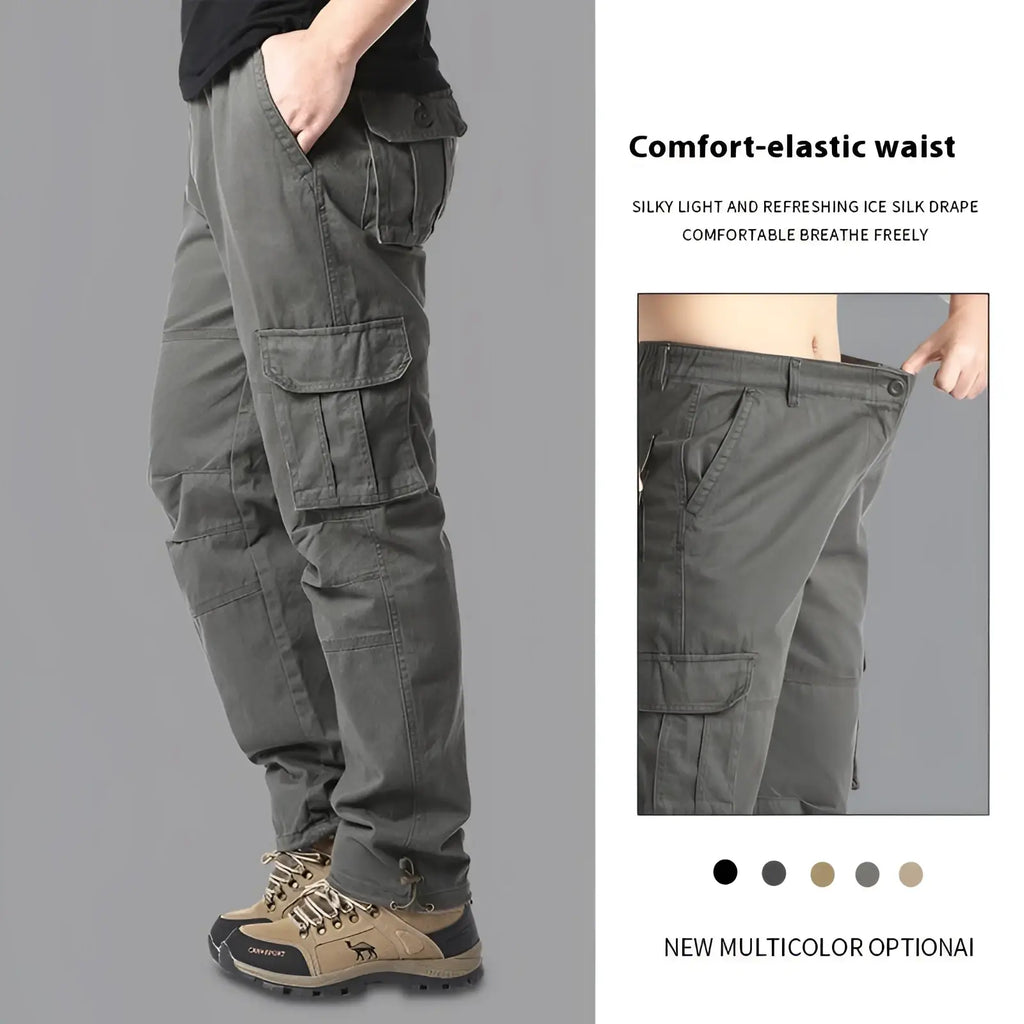 Men’s cotton olive green cargo pants with multiple pockets and a comfortable elastic waistband for casual wear