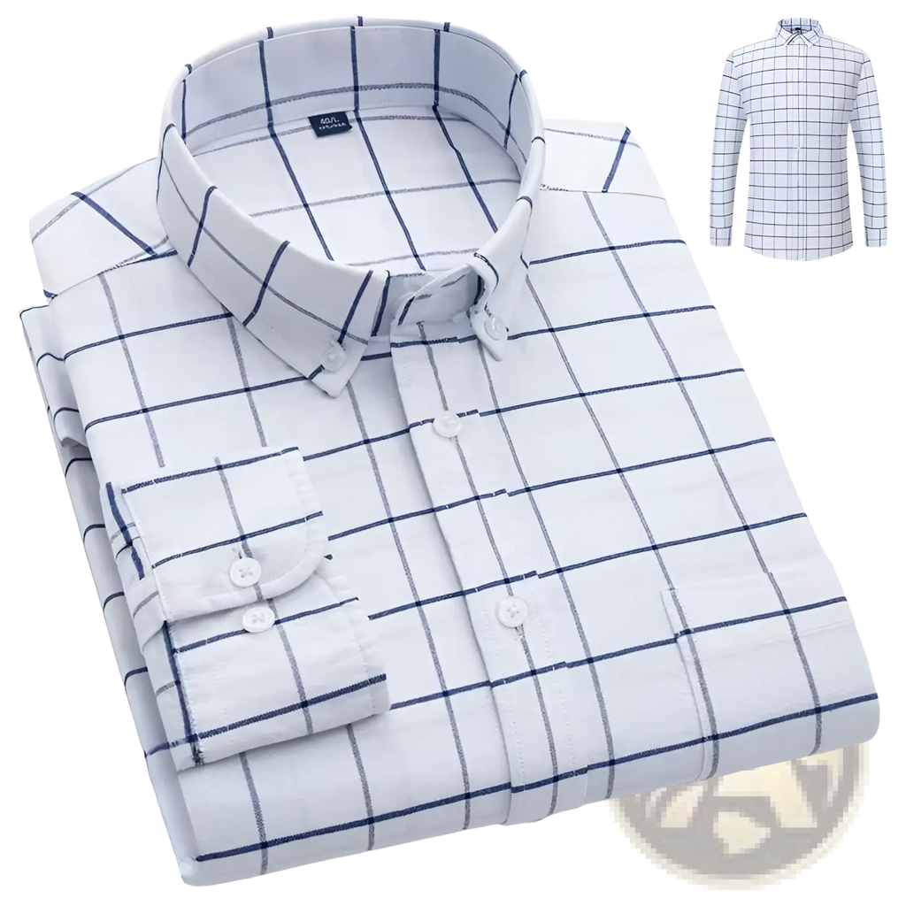 Men’s cotton oxford slim fit plaid shirt in white with navy blue grid pattern and matching buttons long sleeves