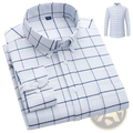 Men’s cotton oxford slim fit plaid shirt in white with navy blue grid pattern and matching buttons long sleeves