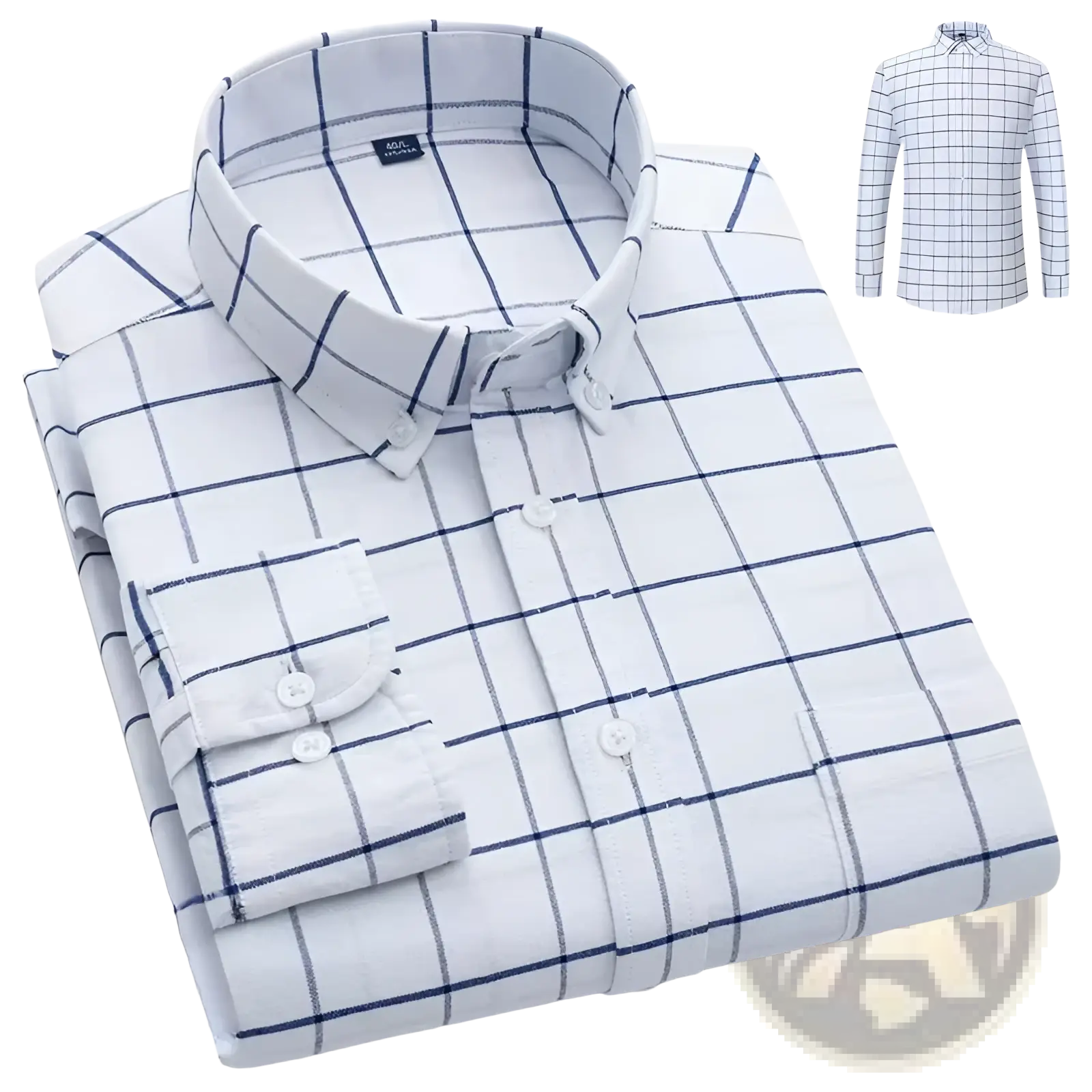 Men’s cotton oxford slim fit plaid shirt in white with navy blue grid pattern and matching buttons long sleeves