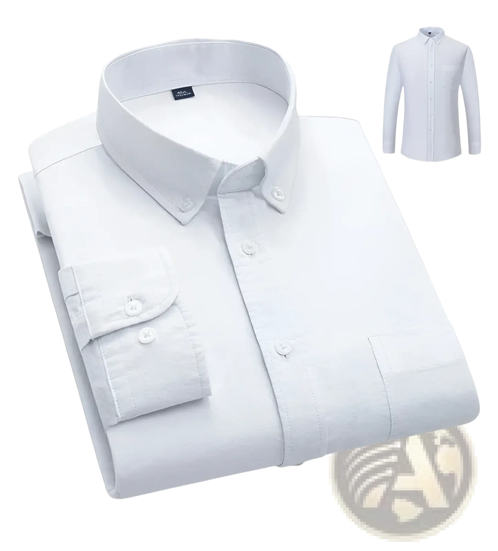 A crisp white men’s cotton oxford slim fit shirt with classic collar and long sleeves neatly folded