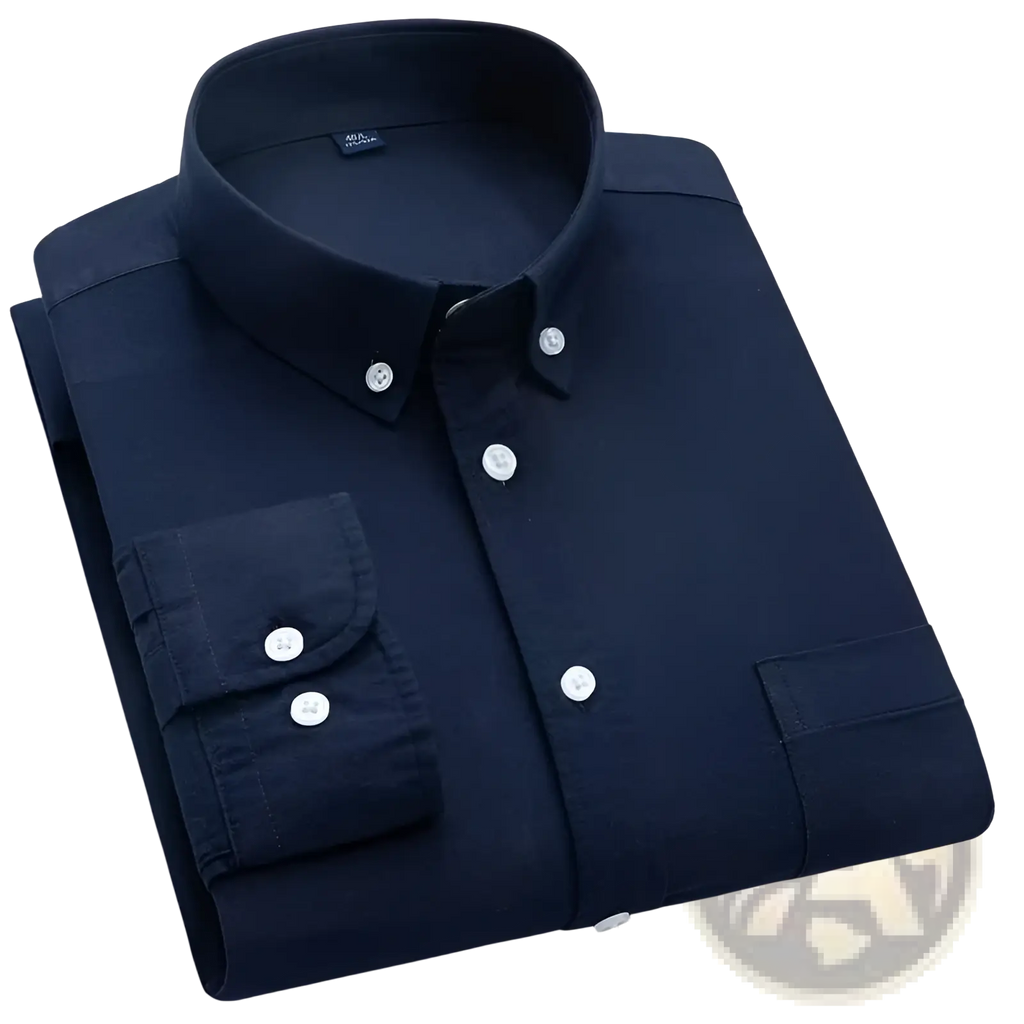 Men’s cotton oxford slim fit shirt in dark navy blue with white buttons and classic collar