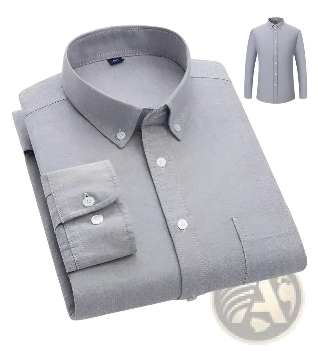 Men’s cotton oxford slim fit shirt in gray with subtle textured weave and white buttons