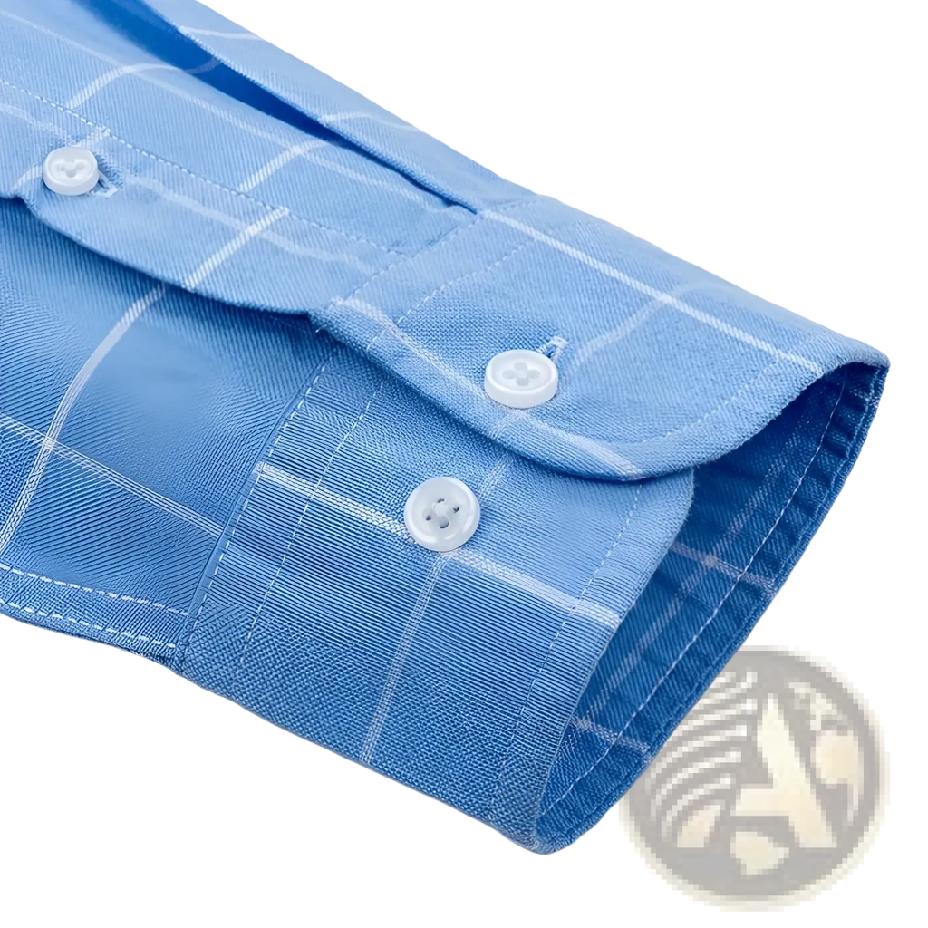 Men’s cotton oxford slim fit plaid shirt in light blue with white buttons and neatly stitched cuffs