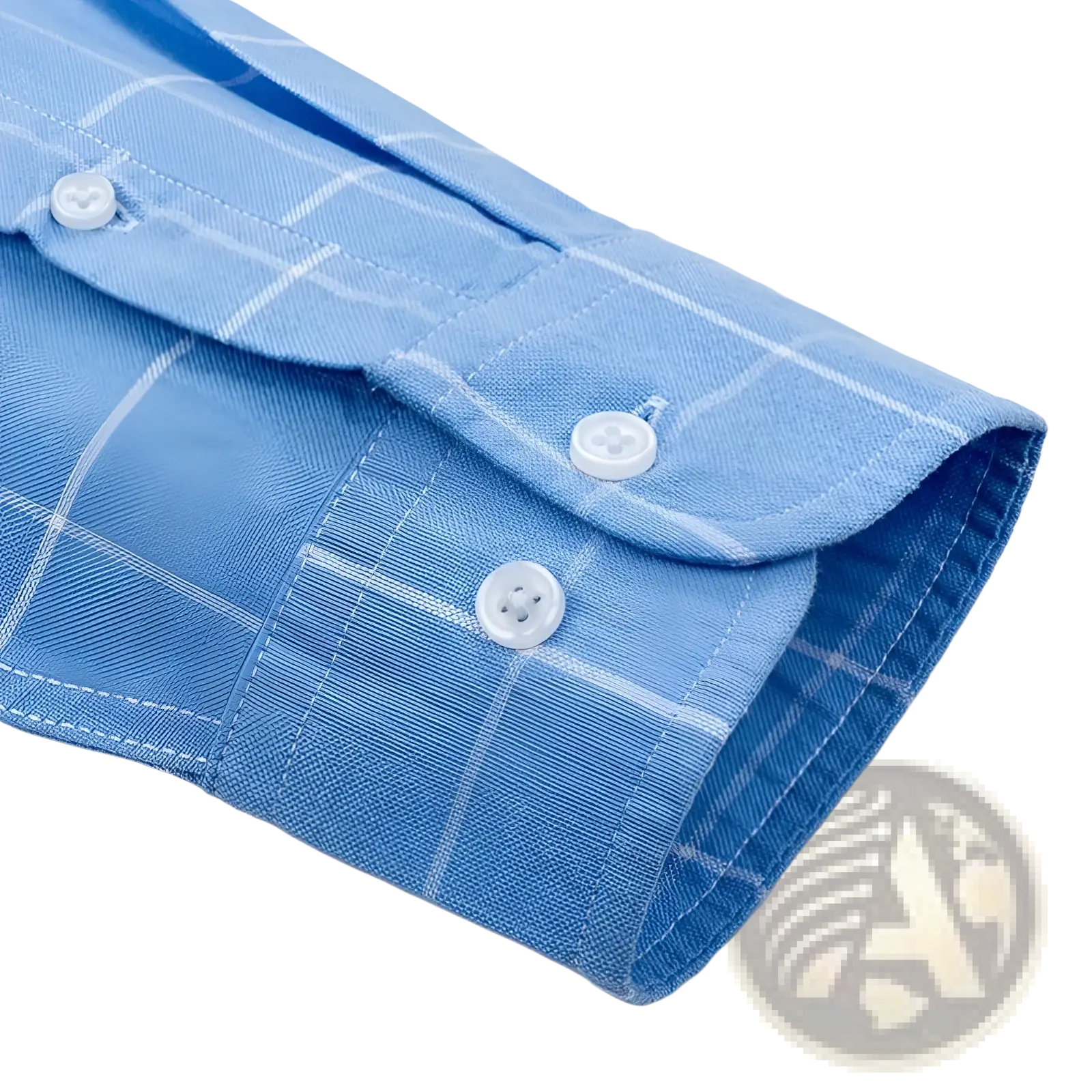 Men’s cotton oxford slim fit plaid shirt in light blue with white buttons and neatly stitched cuffs