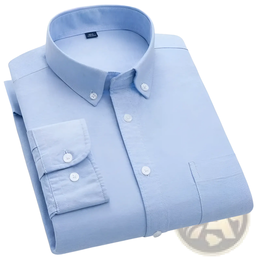 Men’s cotton oxford slim fit shirt in light blue with crisp collar white buttons and subtle woven texture