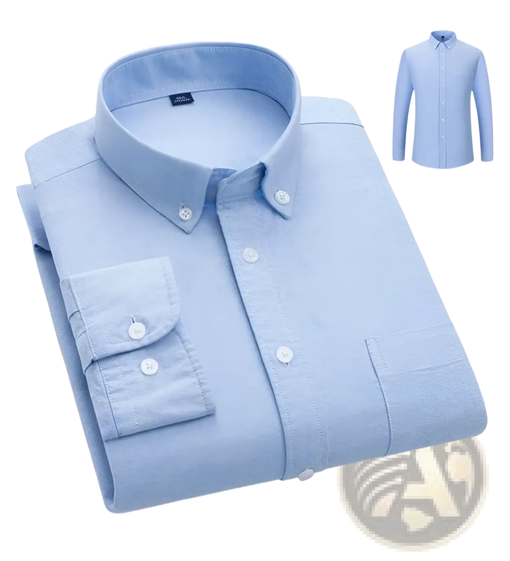 Men’s cotton oxford slim fit shirt in light blue with crisp collar white buttons and subtle textured fabric
