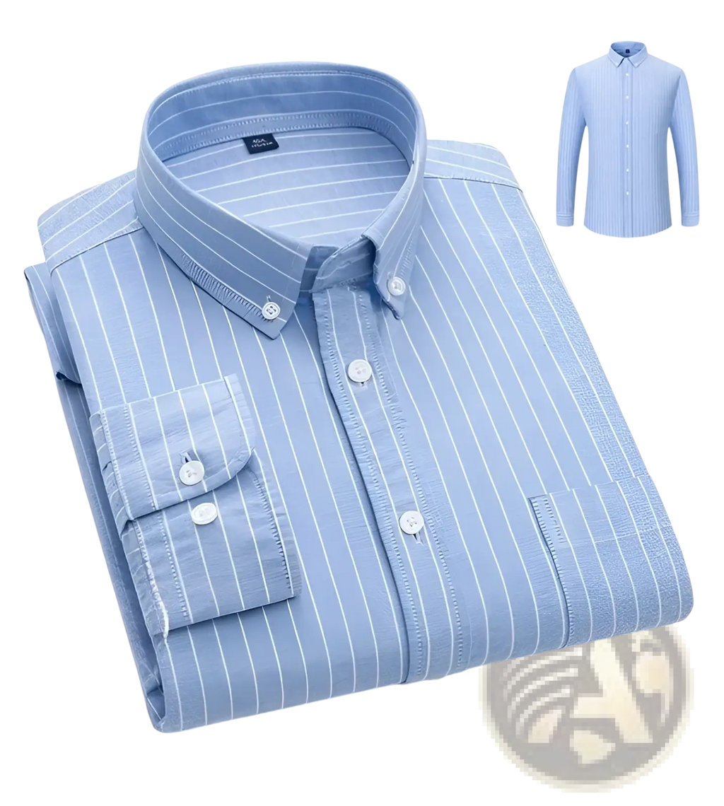 Men’s cotton oxford slim fit shirt in light blue with fine white vertical stripes and classic collar