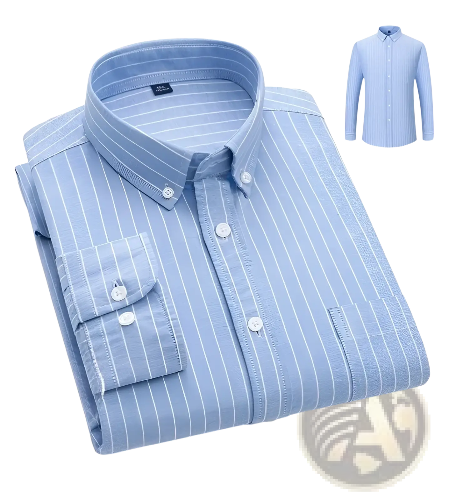Men’s cotton oxford slim fit shirt in light blue with fine white vertical stripes and classic collar