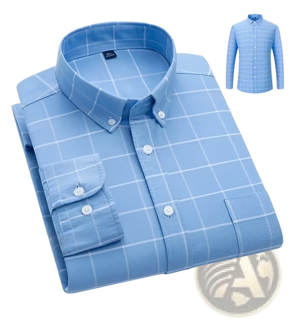 Light blue men’s cotton oxford slim fit button-down shirt with white grid pattern and matching buttons