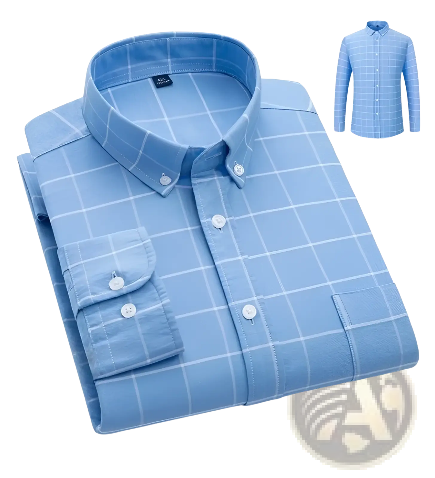 Light blue men’s cotton oxford slim fit button-down shirt with white grid pattern and matching buttons