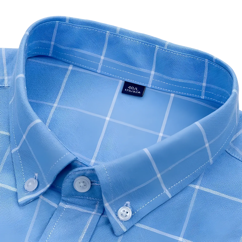 Men’s cotton oxford slim fit plaid shirt in light blue with white grid pattern and matching buttons