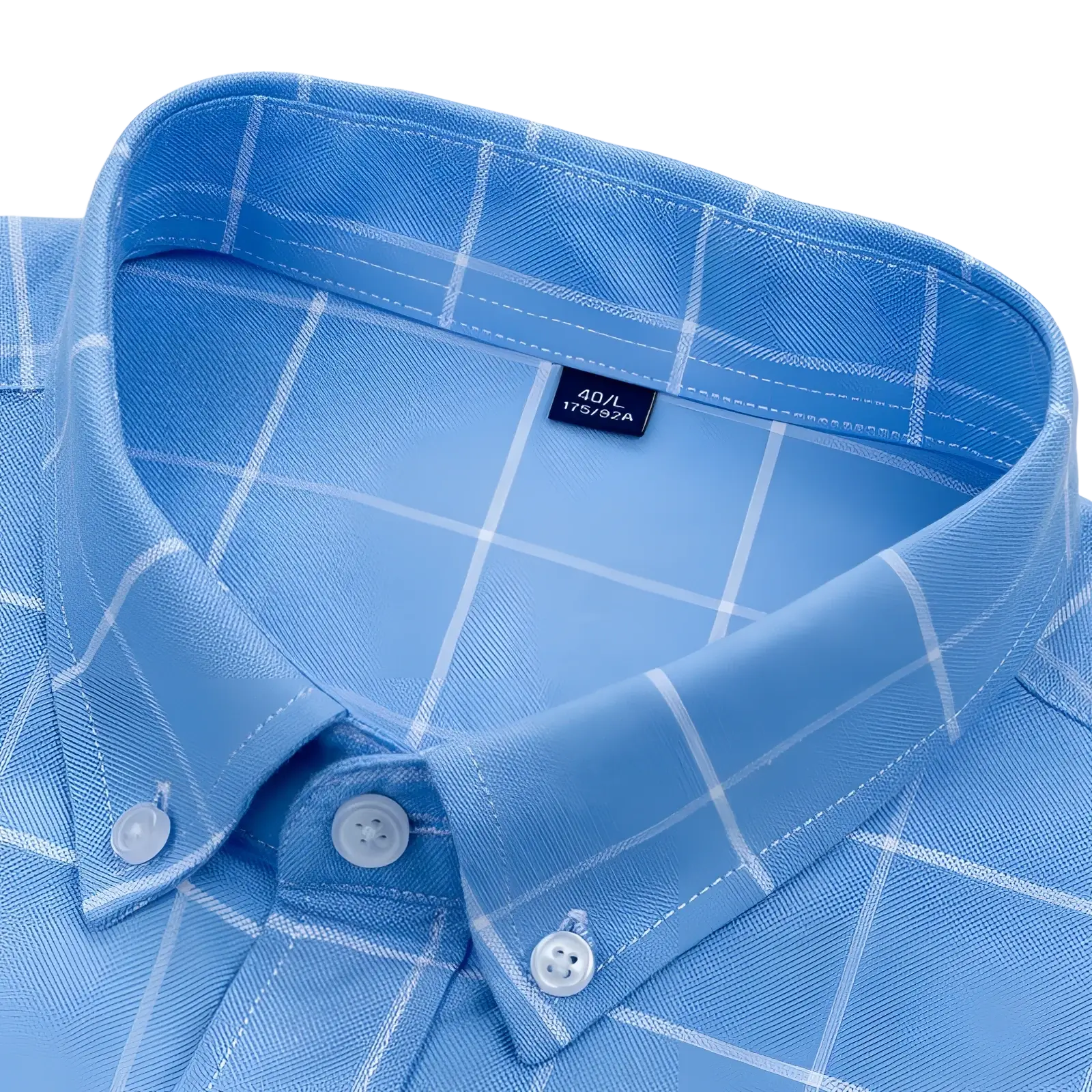 Men’s cotton oxford slim fit plaid shirt in light blue with white grid pattern and matching buttons