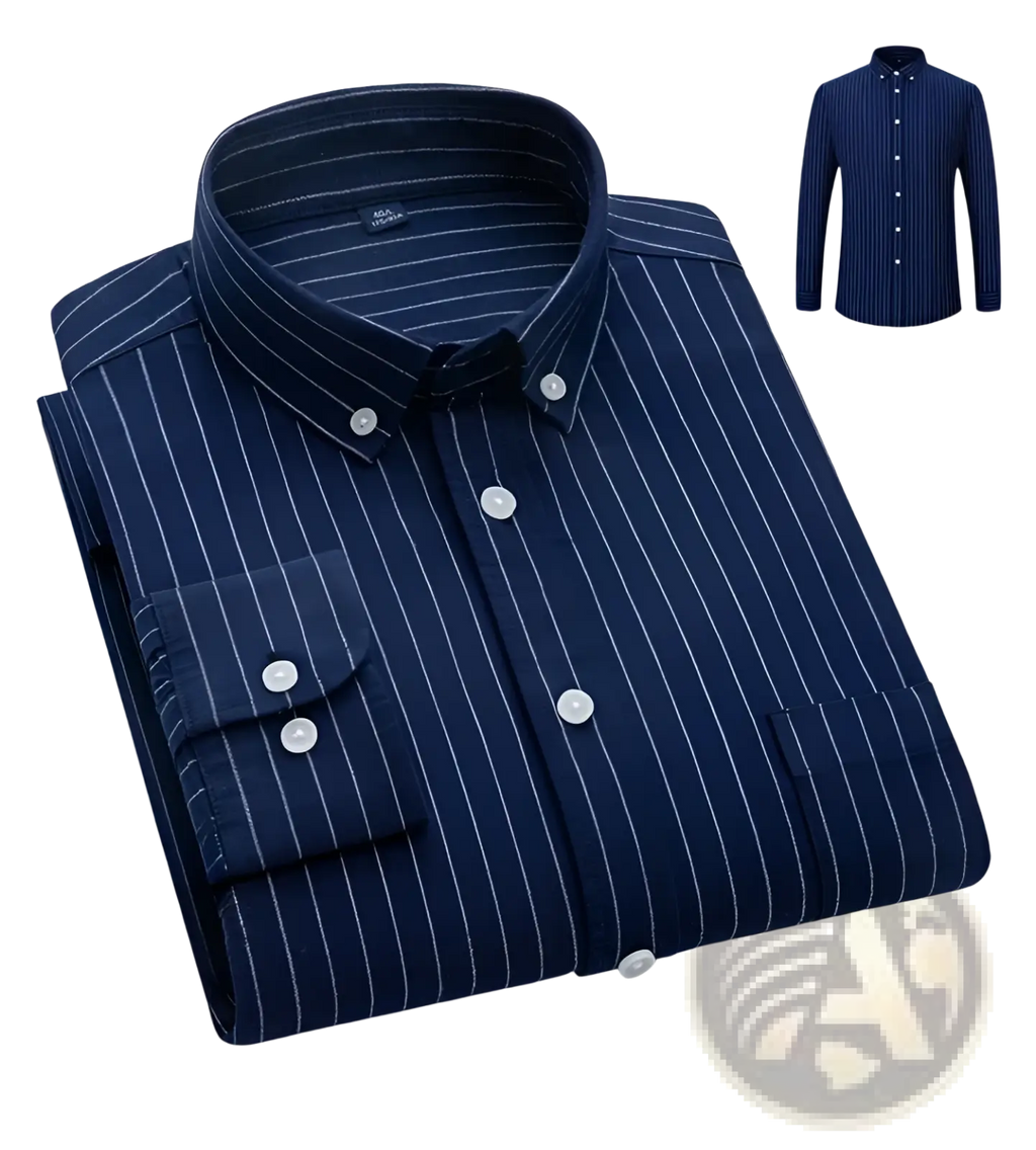 Men’s cotton oxford slim fit navy blue button-down shirt with thin white vertical stripes and matching buttons