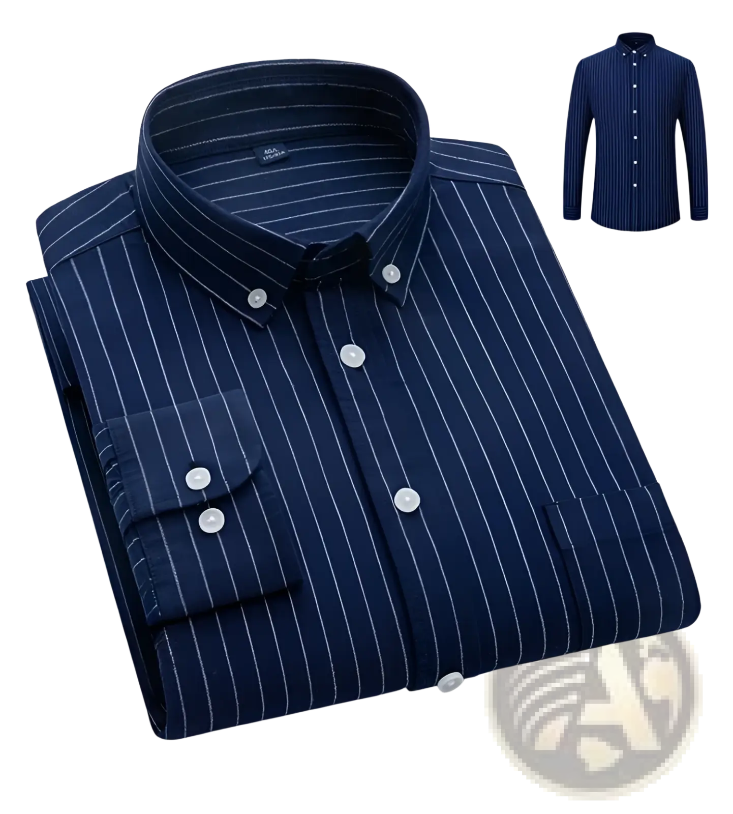 Men’s cotton oxford slim fit navy blue button-down shirt with thin white vertical stripes and matching buttons