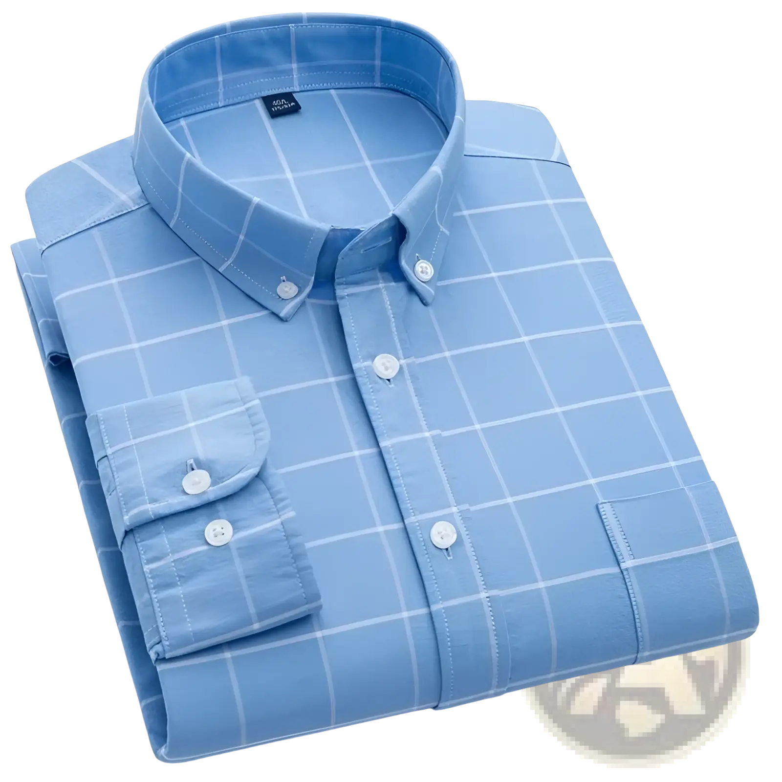 Men’s cotton oxford slim fit plaid shirt in light blue with white grid pattern and matching buttons neatly folded