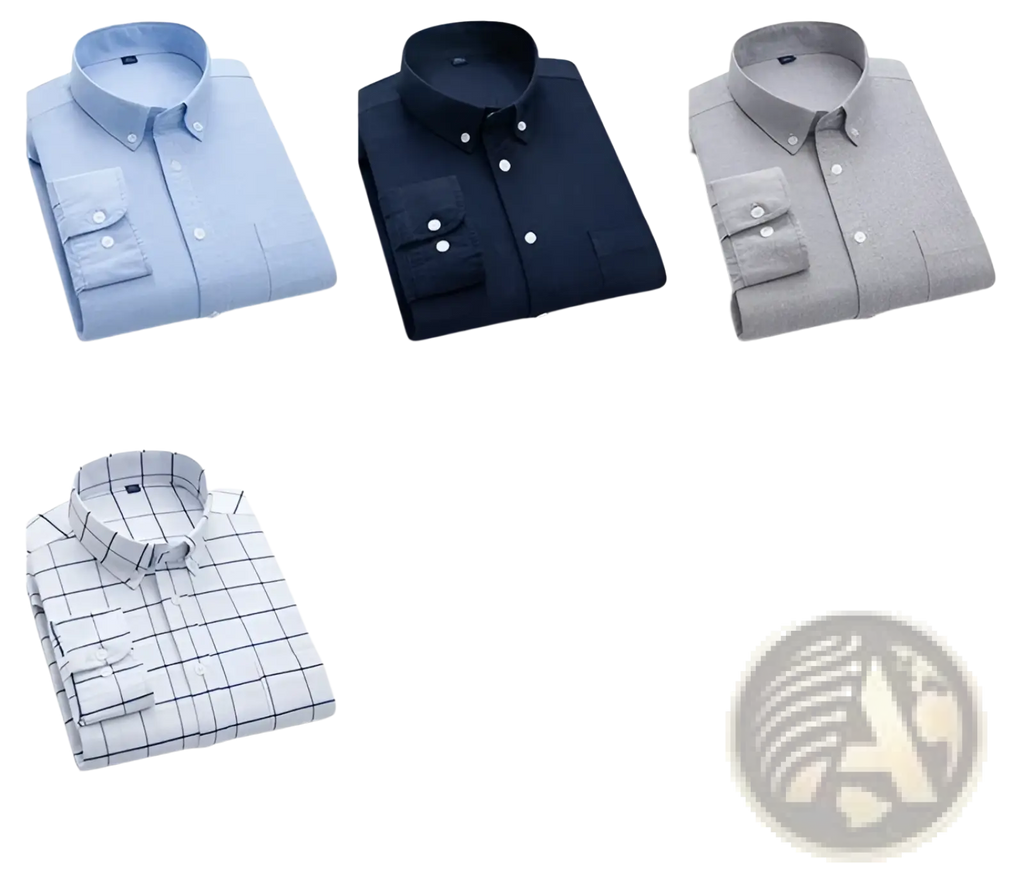 A neatly folded men’s cotton oxford slim fit plaid shirt in light blue navy gray and white black checkered patterns