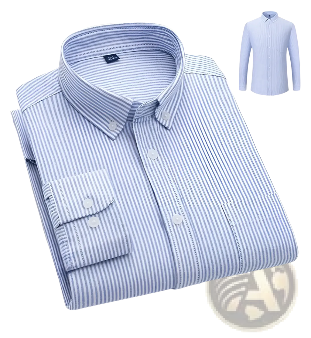Men’s cotton oxford slim fit long-sleeved button-down shirt in light blue and white vertical stripes with a classic collar