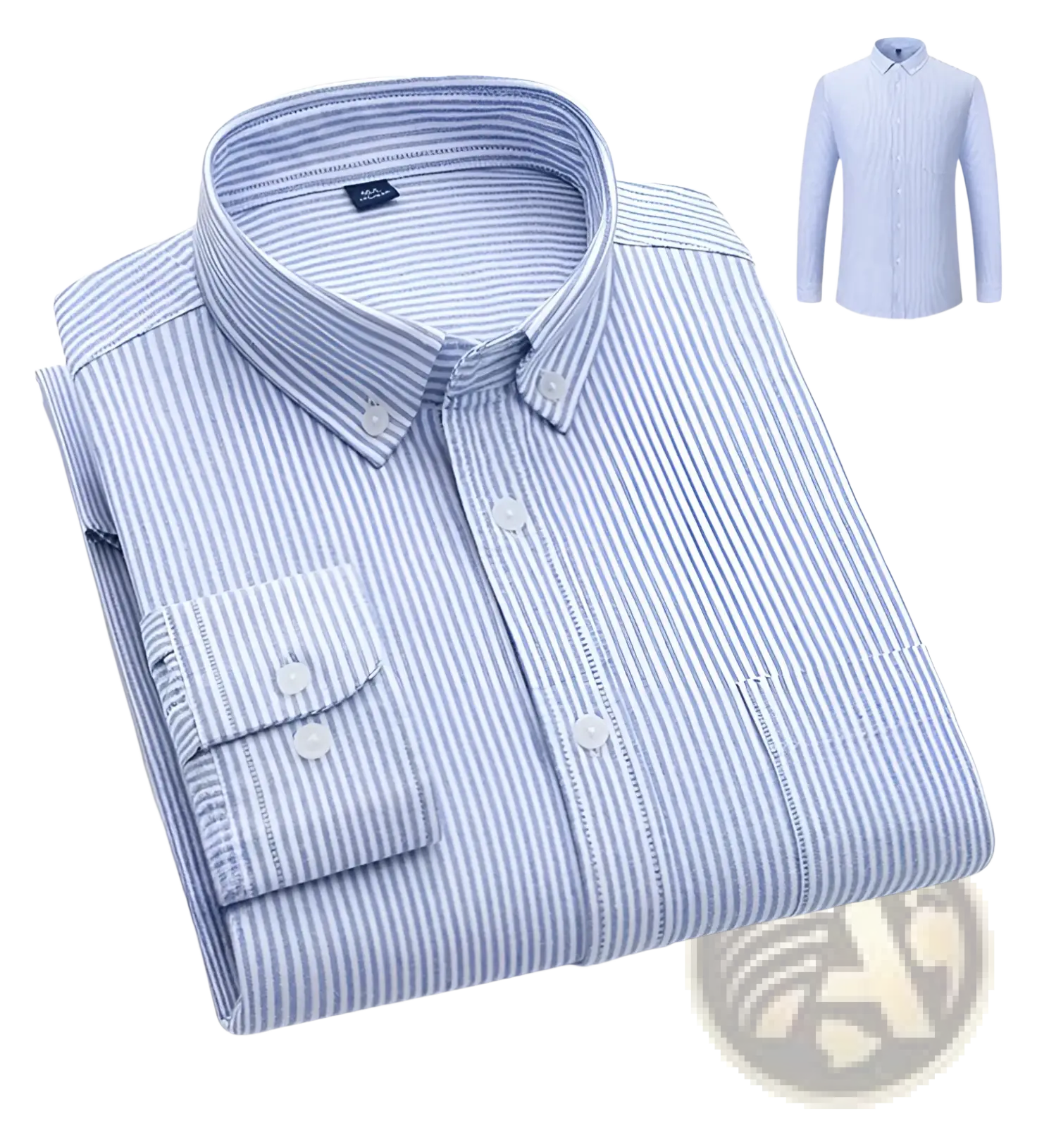 Men’s cotton oxford slim fit long-sleeved button-down shirt in light blue and white vertical stripes with a classic collar