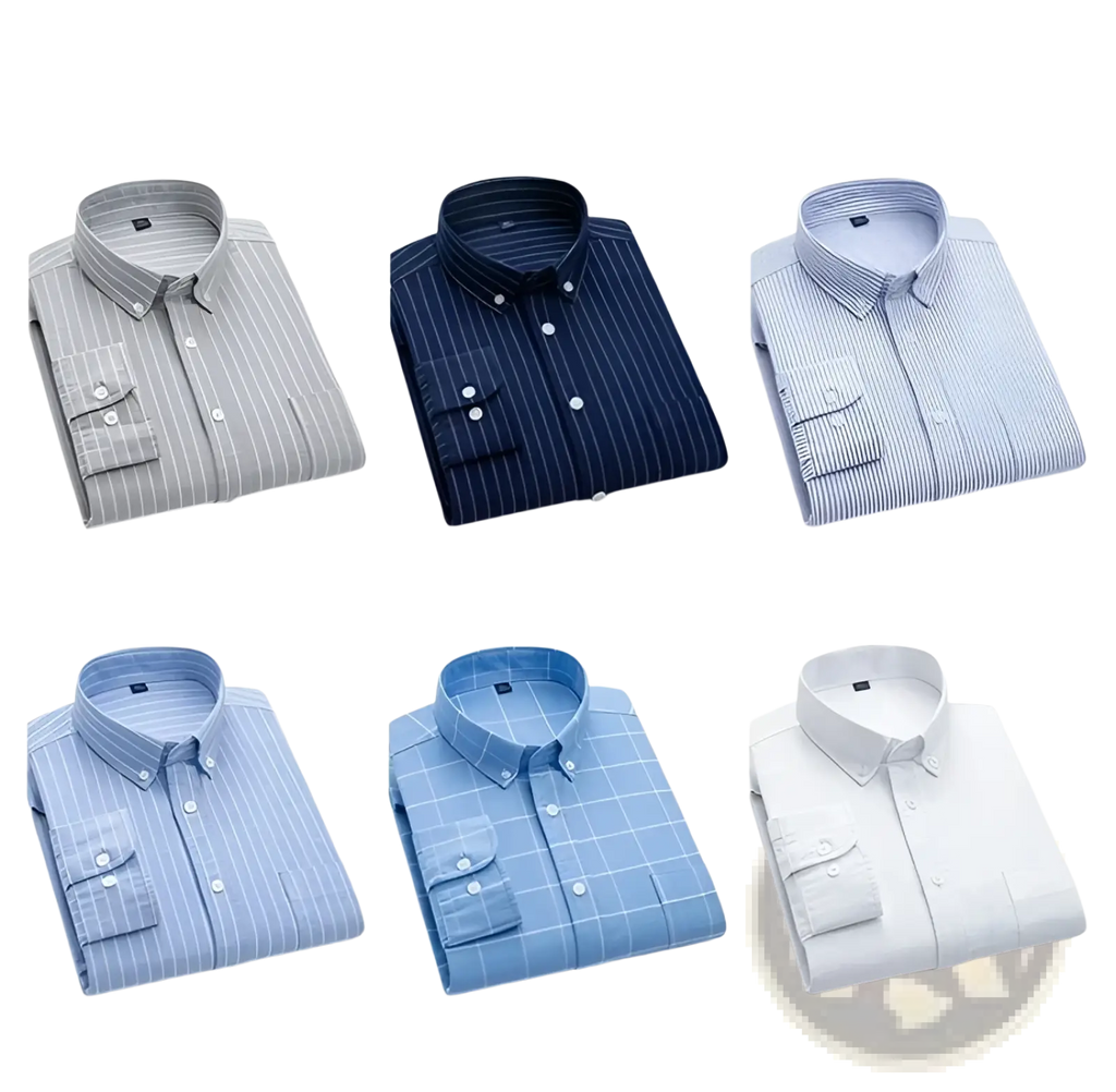 Six neatly folded men’s cotton oxford slim fit plaid shirts in various striped and checkered patterns and colors
