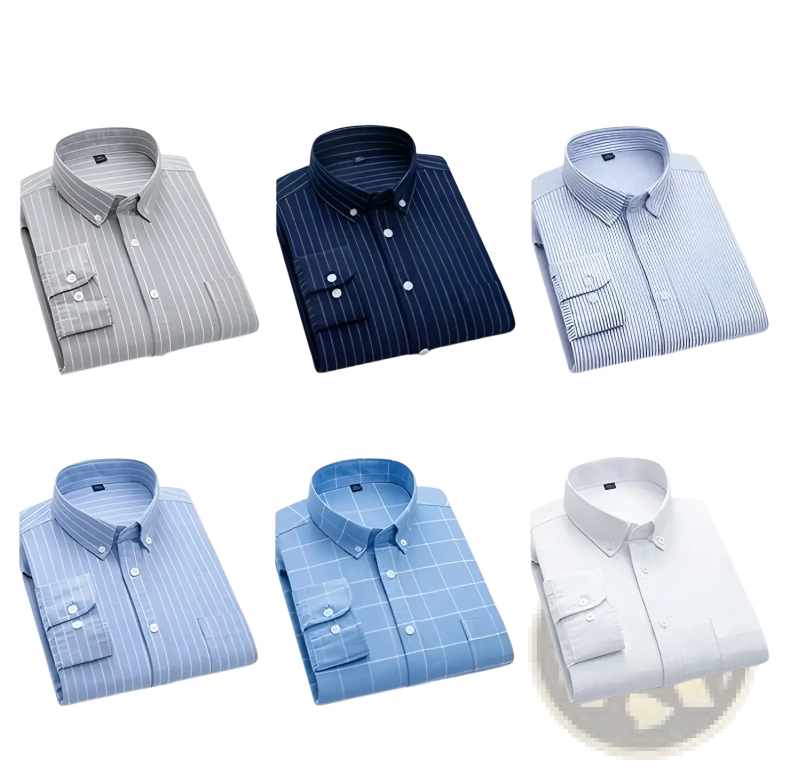 Six neatly folded men’s cotton oxford slim fit plaid shirts in various striped and checkered patterns and colors