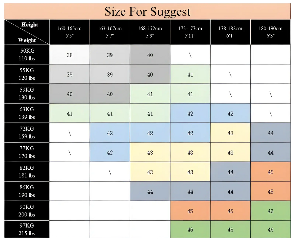 Size chart for men’s cotton oxford slim fit plaid shirt showing recommended sizes by height and weight ranges