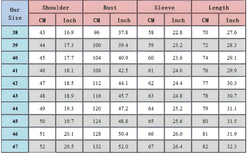 Size chart for men’s cotton oxford slim fit plaid shirt showing shoulder bust sleeve and length in cm and inches