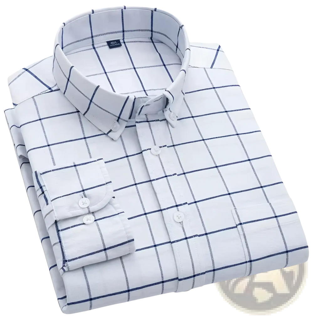 Men’s cotton oxford slim fit plaid shirt in white with navy blue grid pattern and matching buttons