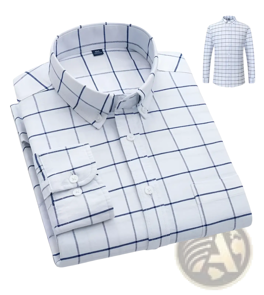 Men’s cotton oxford slim fit plaid shirt in white and navy blue checkered long sleeve with a classic collar