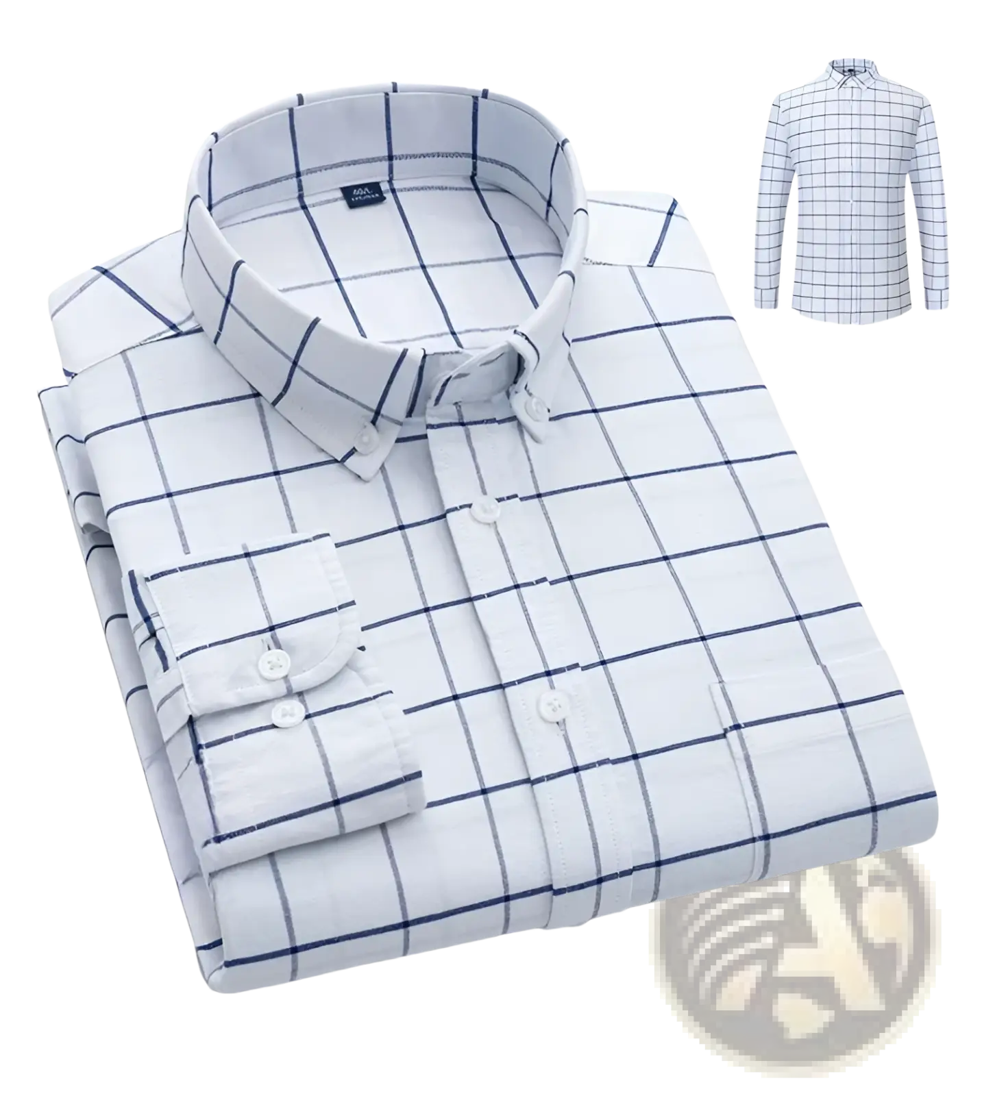 Men’s cotton oxford slim fit plaid shirt in white and navy blue checkered long sleeve with a classic collar