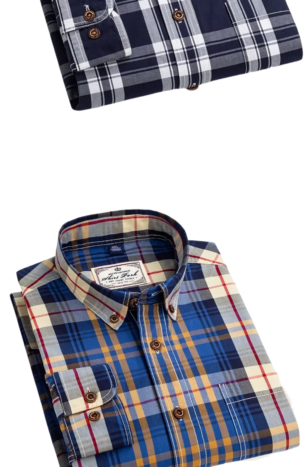 Men’s cotton plaid long sleeve slim fit shirt in blue and beige with brown buttons for casual wear