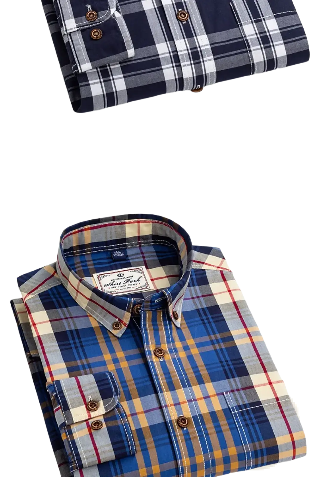 Men’s cotton plaid long sleeve slim fit shirt in blue and beige with brown buttons for casual wear