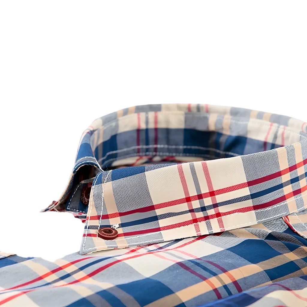 Men’s cotton plaid long sleeve slim fit shirt collar with blue red and beige pattern and brown wooden buttons