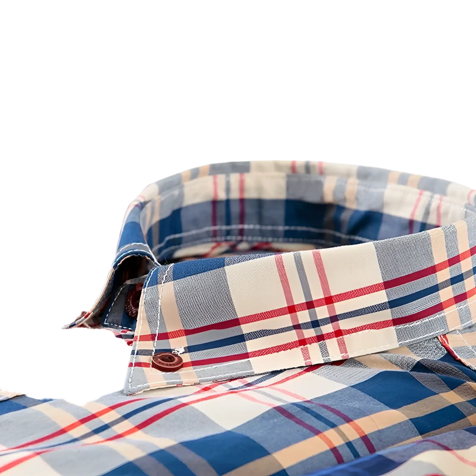 Men’s cotton plaid long sleeve slim fit shirt collar with blue red and beige pattern and brown wooden buttons