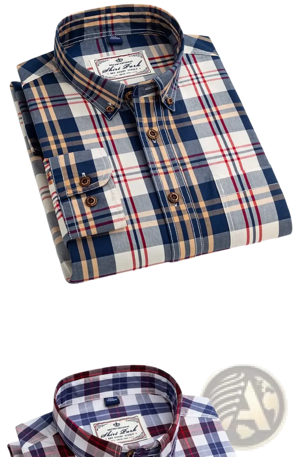Men’s cotton plaid long sleeve slim fit shirt in blue red and beige with classic collar and matching buttons