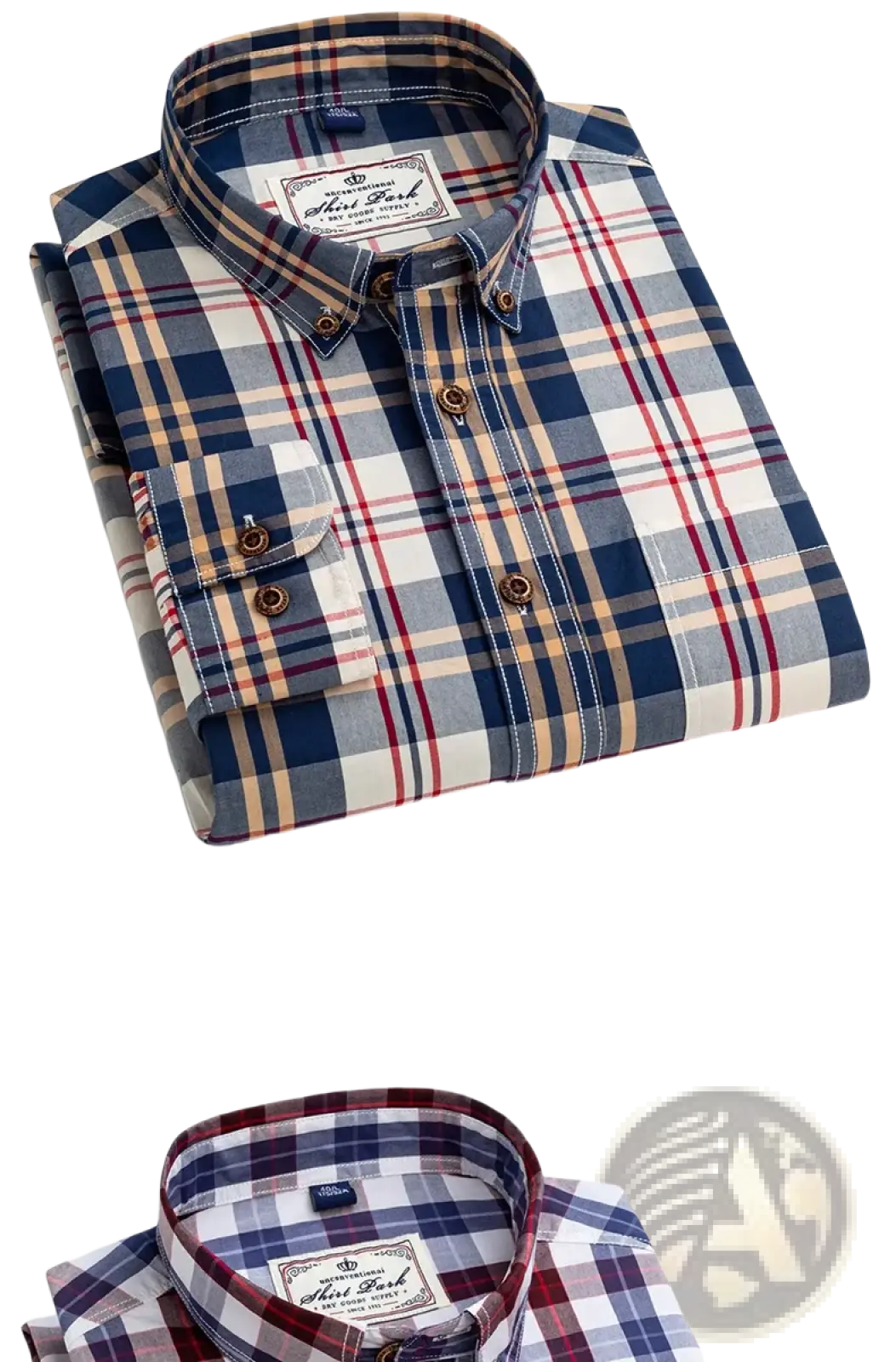 Men’s cotton plaid long sleeve slim fit shirt in blue red and beige with classic collar and matching buttons