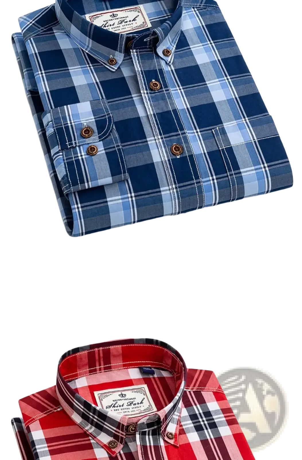 Men’s cotton plaid long sleeve slim fit shirt in blue and white with brown buttons for casual wear