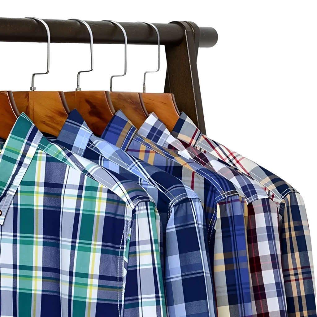 Men’s cotton plaid long sleeve slim fit shirts in various colors and patterns hanging on wooden hangers