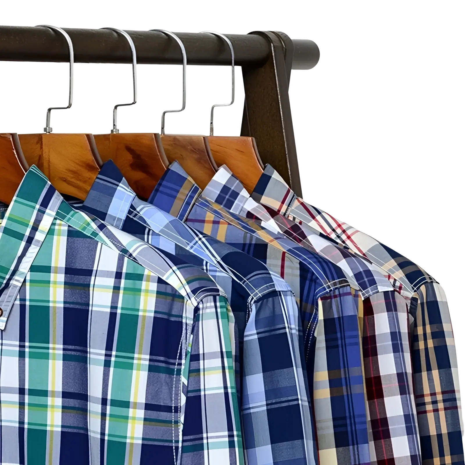 Men’s cotton plaid long sleeve slim fit shirts in various colors and patterns hanging on wooden hangers