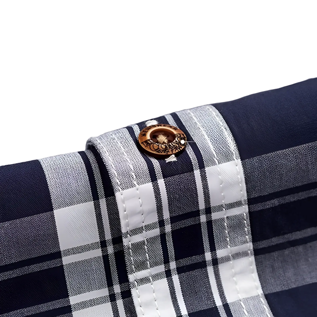 Men’s cotton plaid long sleeve slim fit shirt in navy and white with wooden buttons featuring engraved text