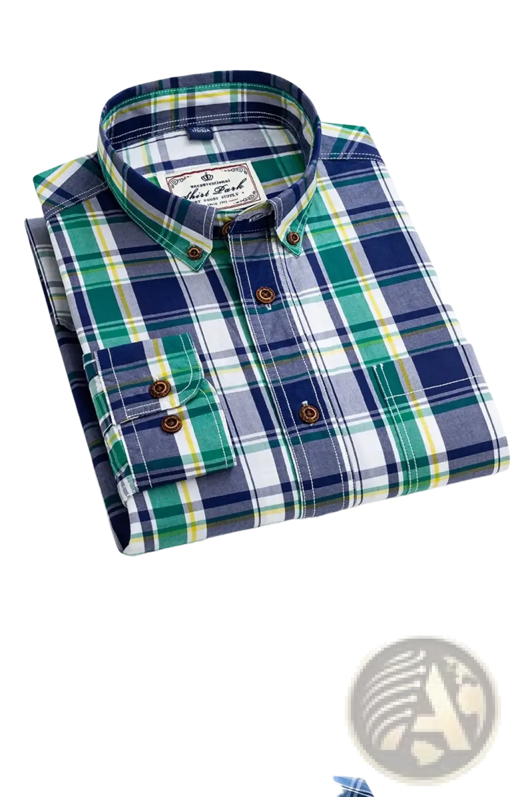 Men’s cotton plaid long sleeve slim fit shirt neatly folded in navy blue green white with yellow accents